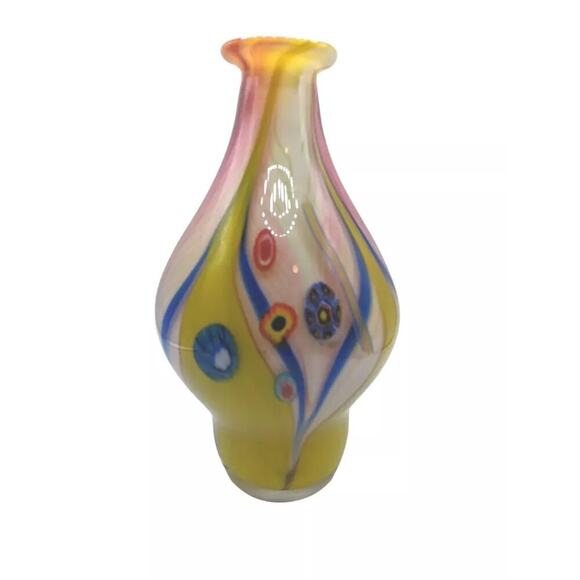 Vintage Murano Hand Blown Yellow Glass Vase Large Millefiori Art Glass - Picture 3 of 13
